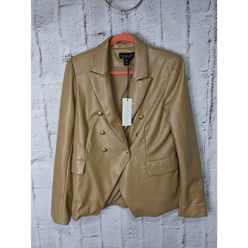 Rachel Zoe Tan Double Breasted Goldtone Crest Buttons Faux Leather Blazer sz L L